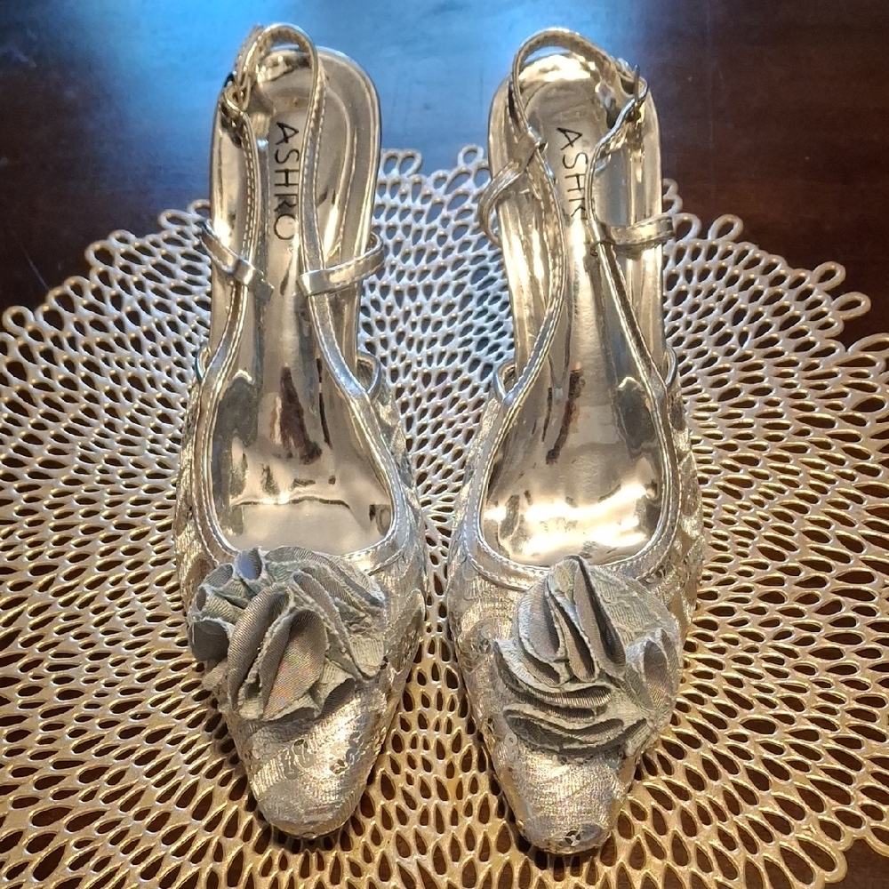 Ashro Metallic Silver Heels with Rosette Detail
